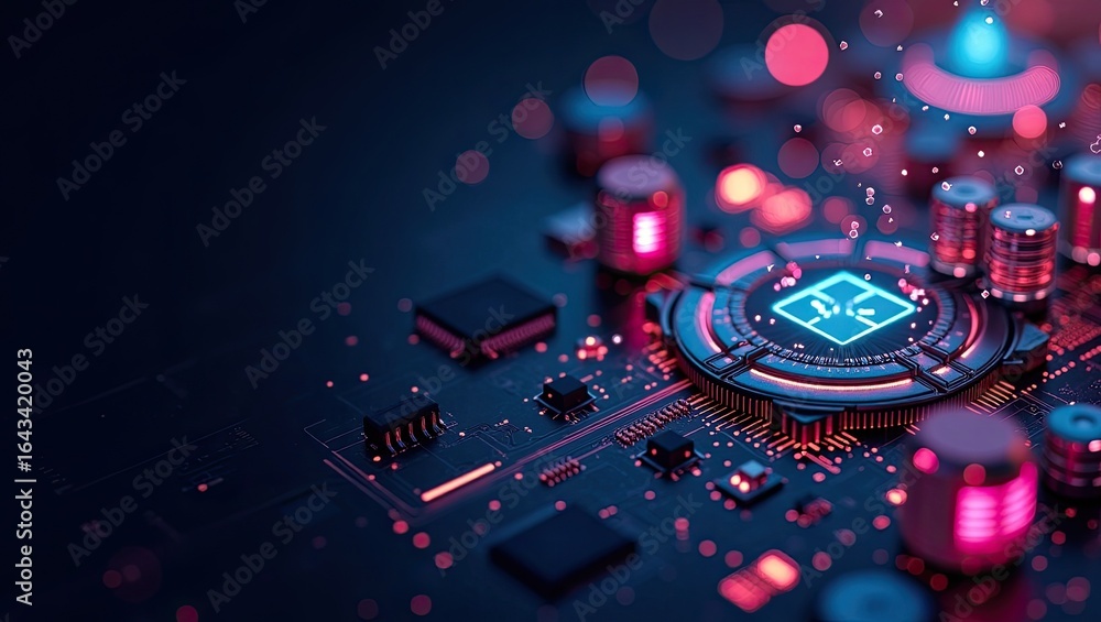 Poster advanced circuit board with glowing components.