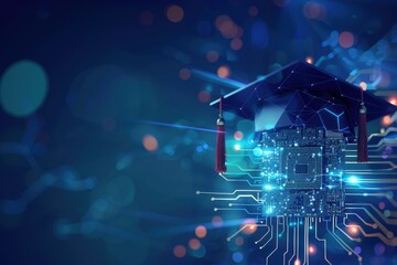 Abstract AI education concept showcases a central low-poly digital chip with glowing effects, topped by a blurred graduation cap, bathed in vibrant cool blue lighting.