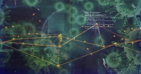 Zooming out woman walking toward window interacting with virus network graph tracking health data - Powered by Adobe