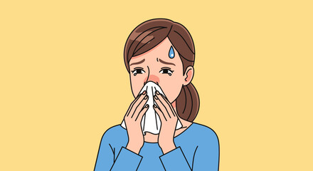 An illustrated woman with a sad, worried expression wipes her red, runny nose with a tissue, suffering from a cold, flu, or allergies.