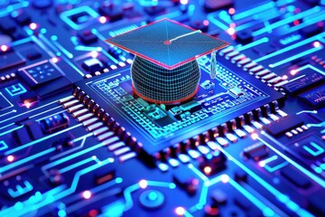 Abstract AI chip with a wireframe graduation hat glows with low-poly patterns on a futuristic blue circuit board showing smooth lighting gradients.