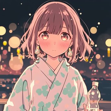 Yukata Girl Drinking Ramune at Summer Night Festival &ndash; Anime Style