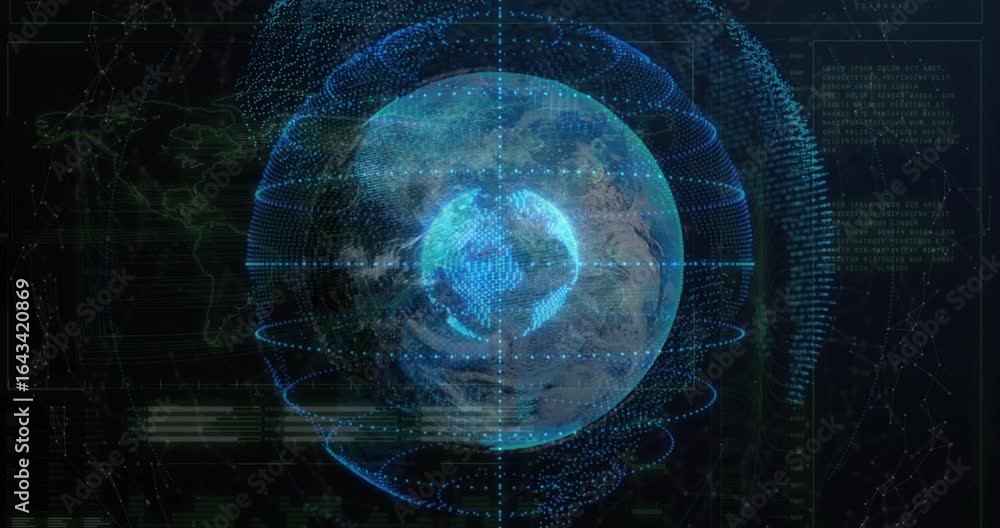 Aufkleber when data sphere appearing, holographic earth spinning with pulsing rings for data synchronization
