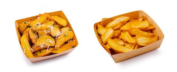 Delicious potato wedges served in paper containers for a casual meal