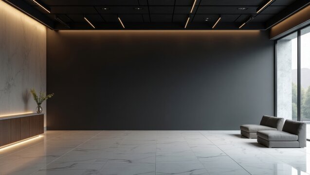 Sala de exposici&oacute;n oscura minimalista con paredes para presentaciones