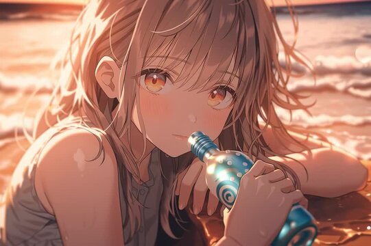 Melancholic Girl at Sunset Beach with Ramune Bottle &ndash; Anime Style