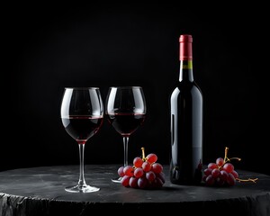 Bottiglia di vino calice e uva , Sfondo nero