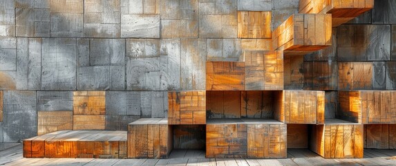 Abstract olive wood cube arrangement a brutalist architectural composition featuring stark geometric forms and deep harsh shadows.