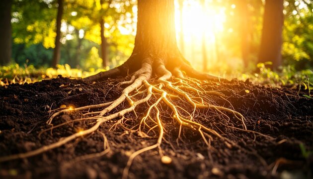 Sunlit Tree Roots A Serene View of Nature's Foundations in a Forest