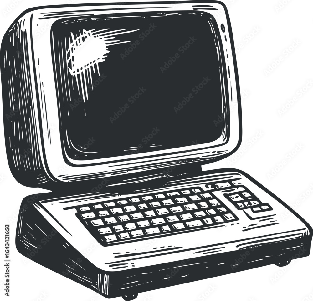 Aufkleber retro vintage computer with monitor and keyboard in black and white sketch style illustration