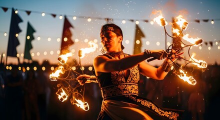 Fototapeta premium A woman performs a fire dance with flaming torches at dusk, illuminated by the fire and string lights.