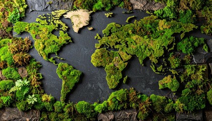 A unique world map crafted entirely from lush green moss and natural plants, set against a dark, textured background