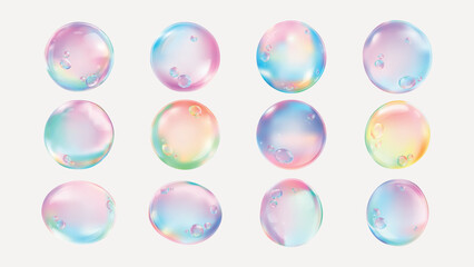Colorful iridescent bubbles in pastel hues. Shiny bubbles with rainbow reflections. Twelve bubbles, each with unique colors and patterns. Iridescent and colorful. Soap bubble element vector set.