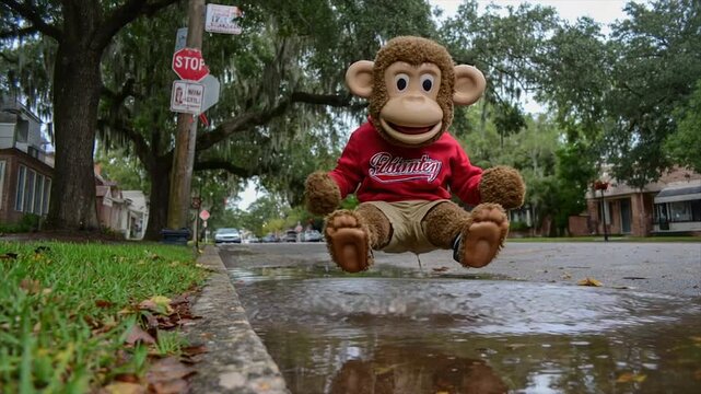 A playful monkey plush toy joyfully leaps over a puddle on a residential street