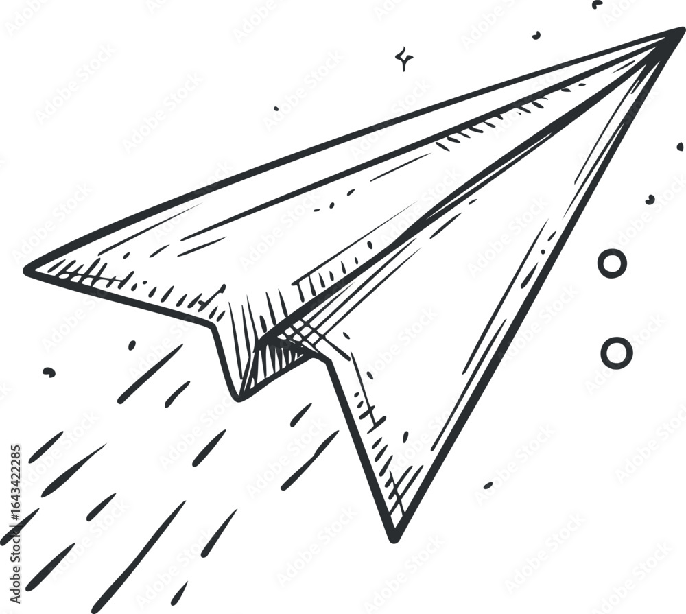Poster hand-drawn sketch of a paper plane in flight on a white background with simple line art.