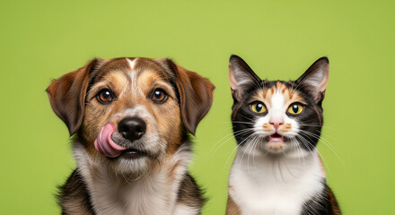 Fototapeta premium Funny random dog and random cat making silly faces together on bright green background, studio lighting, photorealistic high-resolution animal portrait