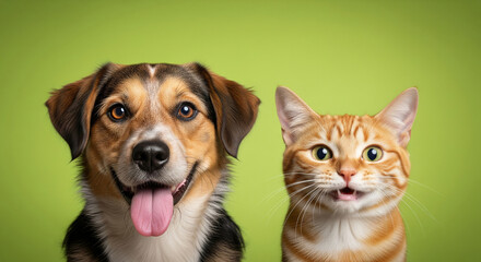 Fototapeta premium Funny random dog and random cat making silly faces together on bright green background, studio lighting, photorealistic high-resolution animal portrait