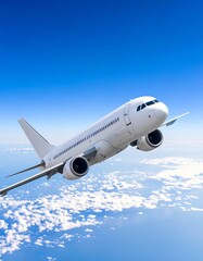 Fototapeta premium White passenger jet ascends above fluffy clouds against a vivid blue sky