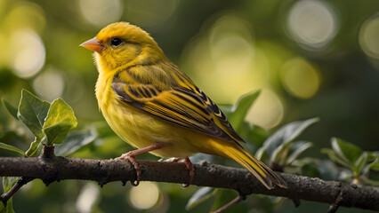 Obraz premium Detailed Portrait of a Canary Bird with Striking Feathers, Resting on a Branch in a Green Garden