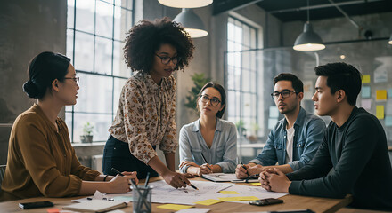Young female manager leading a meeting with her creative team.