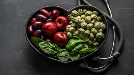 Fresh fruits and vegetables arranged heart shaped bowl symbolize healthy eating and wellness. vibrant colors of apples, grapes, and green beans highlight importance of nutrition for balanced
