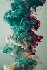 Vibrant abstract expressionist piece with fluid teal, burgundy, and ivory smoke waves. Long exposure and light painting give distinct, sharp edges.