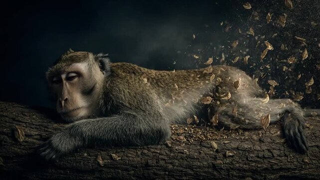 Melancholic monkey resting on a log, surrounded by falling debris