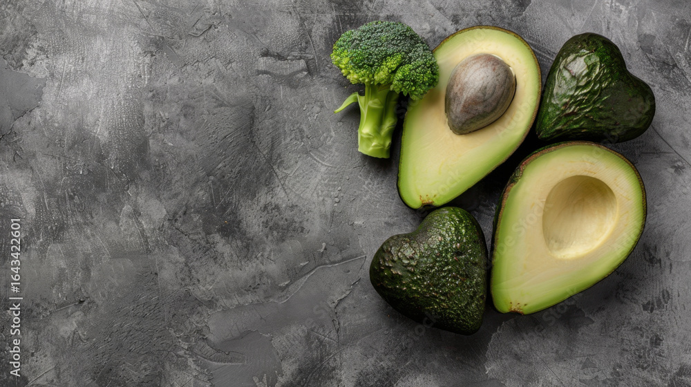 Poster fresh avocados and broccoli arranged on textured gray background create vibrant and healthy composit
