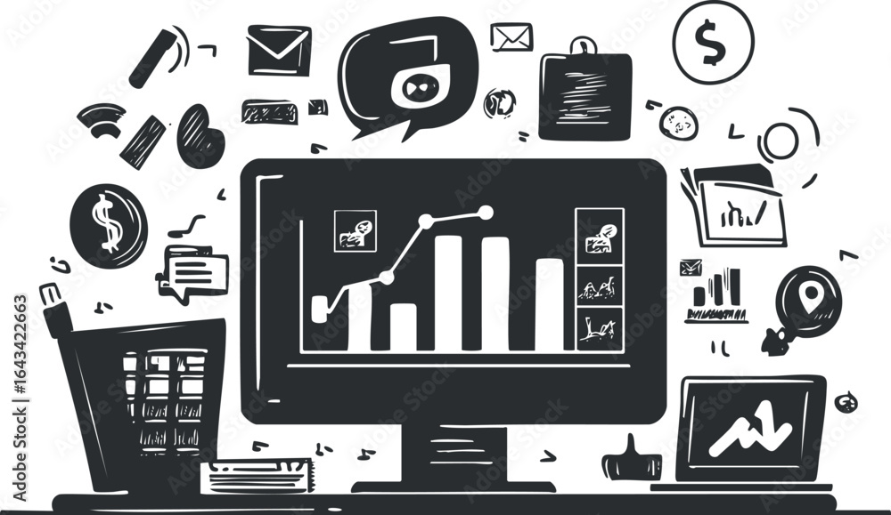 Poster black and white illustration of a computer monitor with business graphs and data analytics surrounde