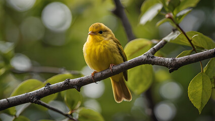 Obraz premium A Charming Yellow Canary Facing the Camera, Perched on a Branch with Soft Bokeh Background