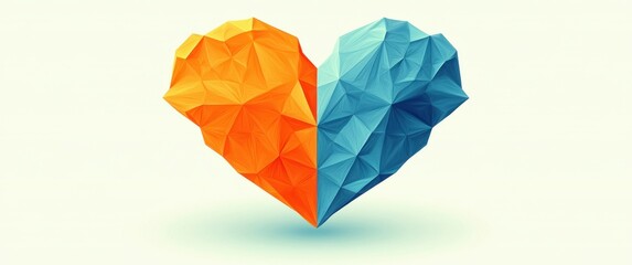Abstract heart of solid orange and blue geometric shapes, modern minimalist flat design, clean angles, with shadows and a subtle noise texture.