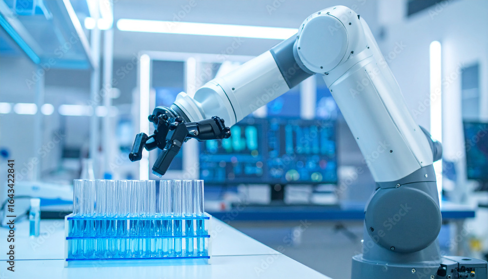 Poster robotics laboratory: an intricate robotic arm meticulously manipulates test tubes within a sterile l