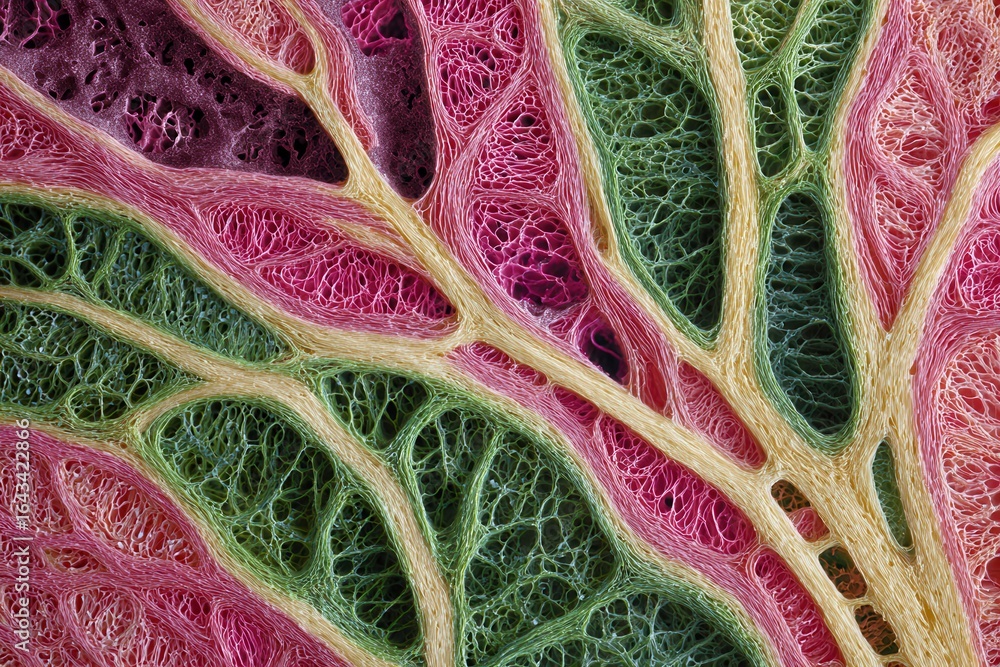 Poster colorful intricate patterns in a natural leaf structure showing veins and textures of botanical arti