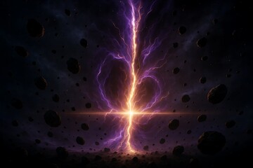 A cosmic scene featuring a vibrant lightning bolt illuminating a dark void with floating rocks.