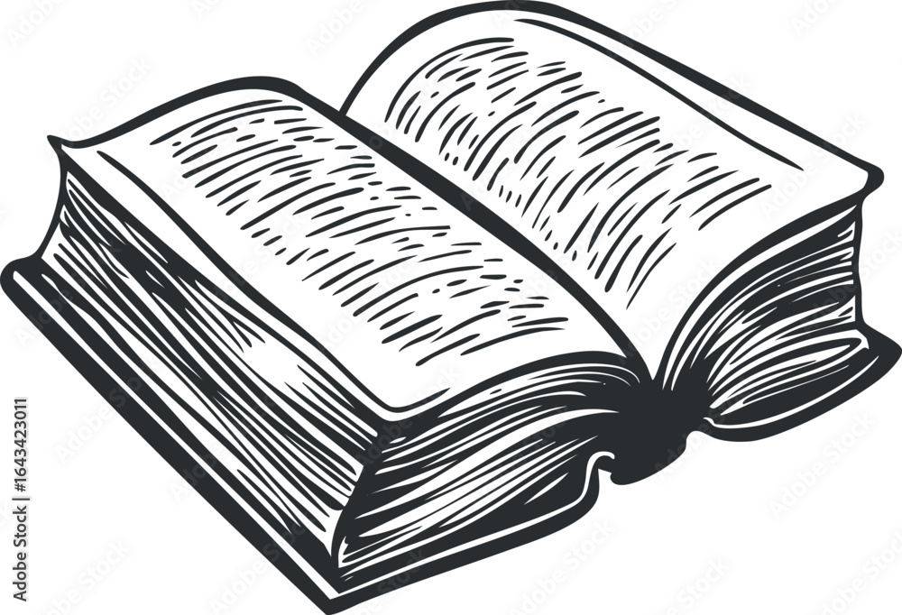 Poster black and white illustration of an open book with visible pages and text for reading or study