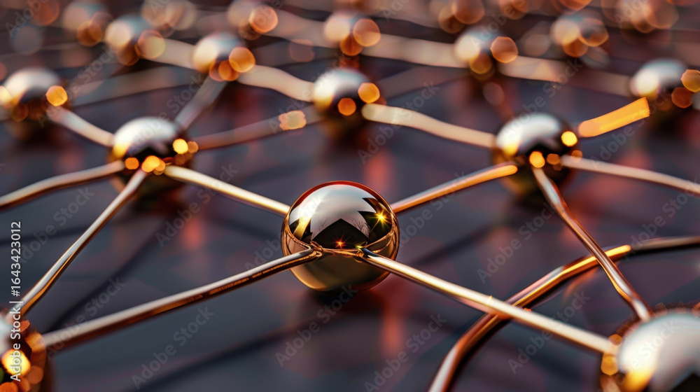 Poster close up view of network of metallic spheres connected by thin lines, representing molecular structu