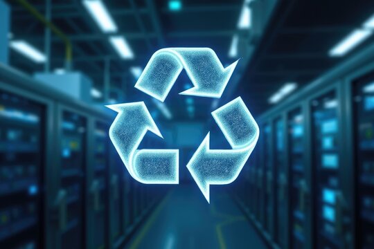 Recycled symbol overlaid on a server room.