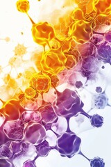 Abstract medical visualization showing cellular structure in yellow and purple tones scientific illustration style clean white background blur