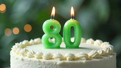 Celebrating 80th birthday with cake and vibrant green candles, creating joyful moments