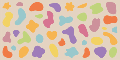 Colorful abstract shapes in various sizes and colors, including orange, purple, and green. Abstract shapes create a playful, colorful pattern. Vibrant abstract design. Pastel shapes, vector set.