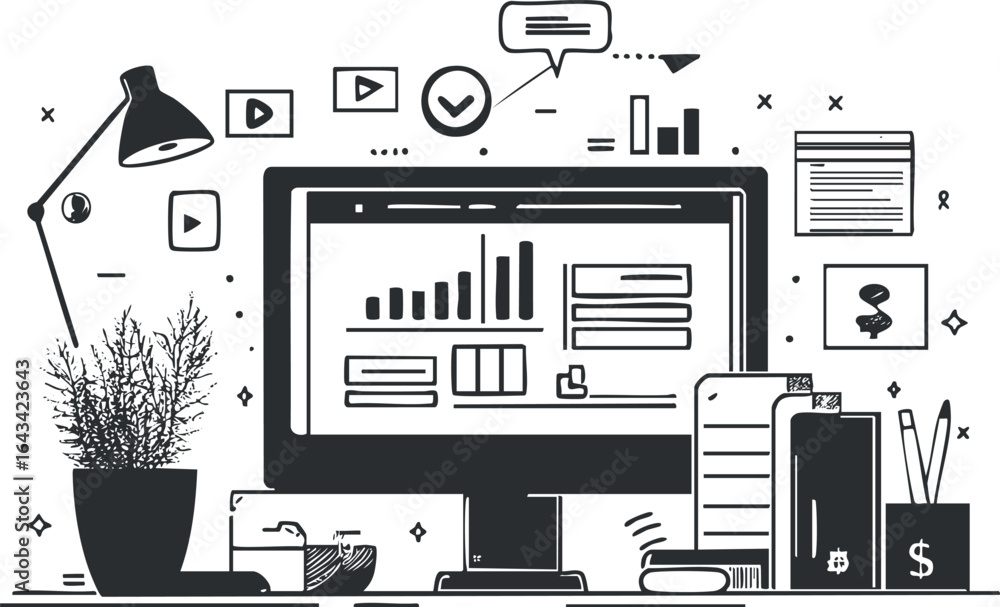 Poster black and white illustration of a modern office desk setup with a computer monitor displaying analyt