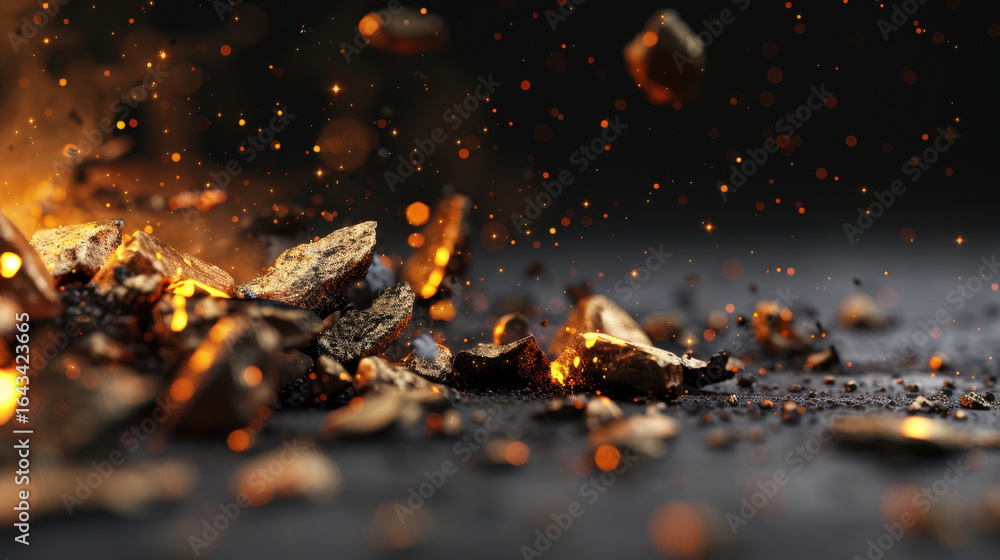 Poster golden particles and fragments scatter across dark surface, creating mesmerizing display of light an