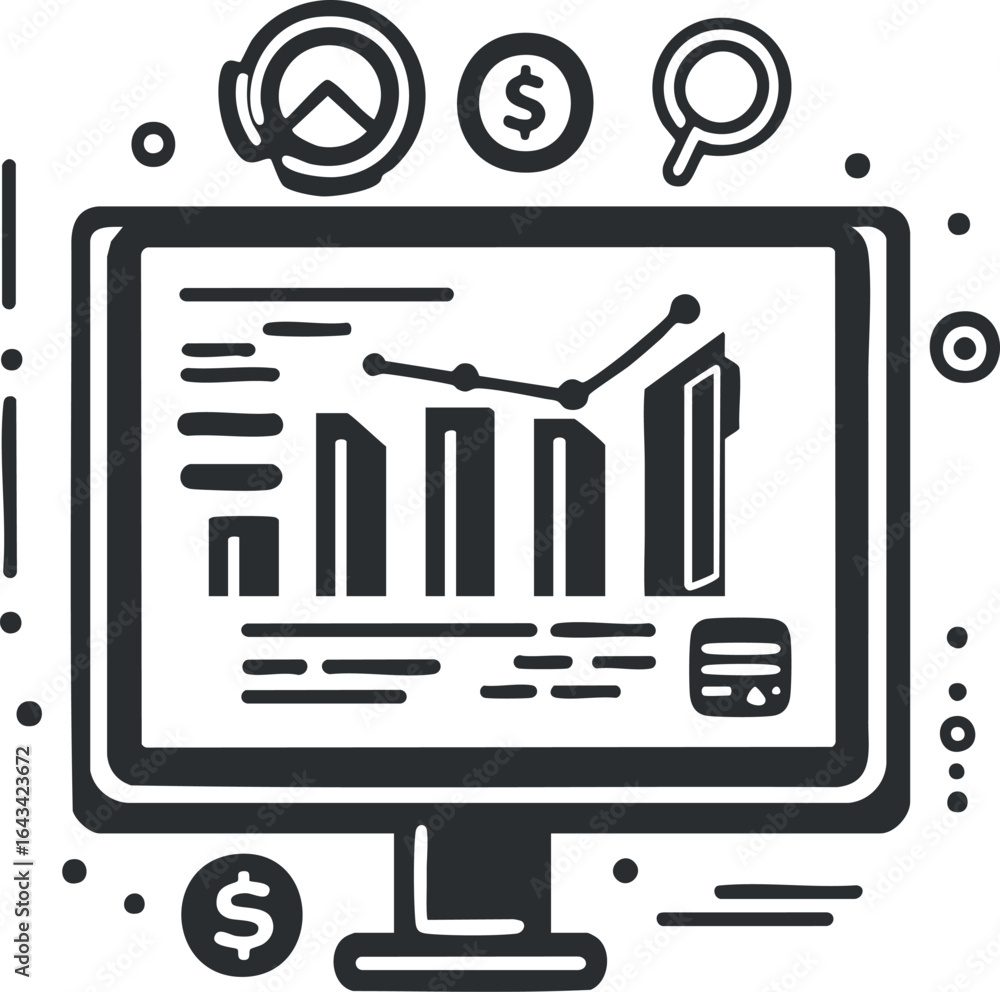 Poster hand-drawn style illustration of a computer monitor displaying financial analytics with charts and d