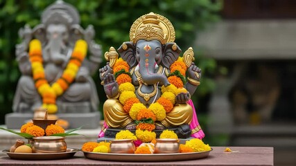 Ornate Statue of Ganesha with Flower Garlands and Traditional Offerings Set Against a Blurred Green Background