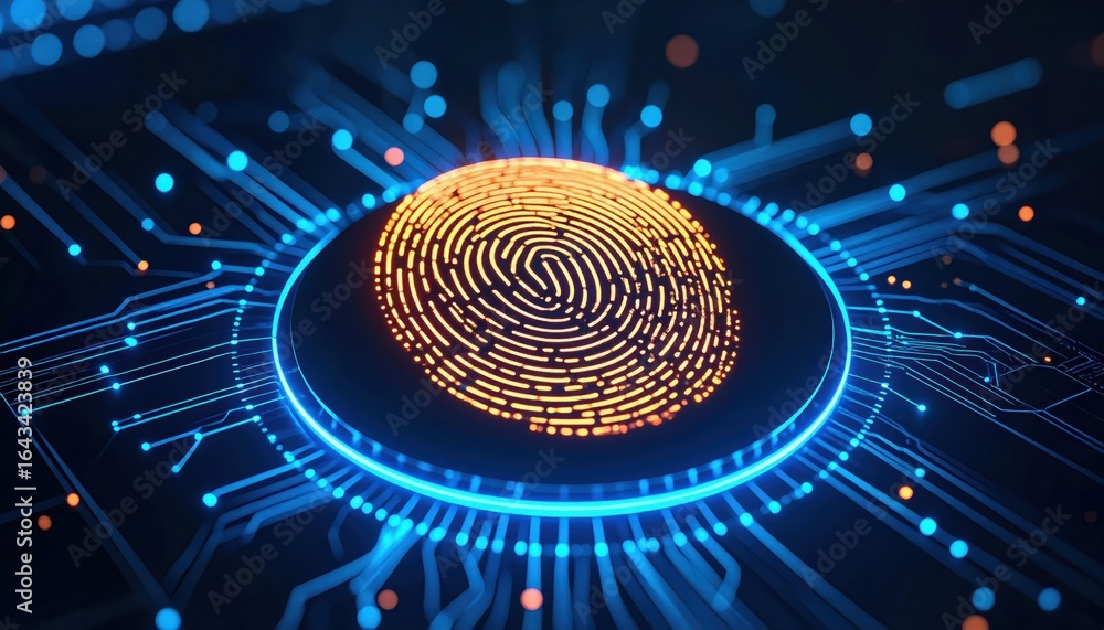 Poster a digital fingerprint surrounded by glowing circuit lines, symbolizing cybersecurity and technology.