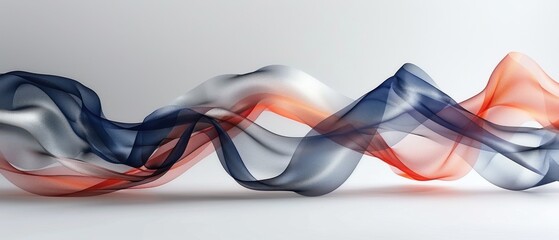 Abstract minimalist composition featuring navy, coral, and silver smoke ribbons. High contrast, studio lighting, ample negative space, subtle grain and noise.