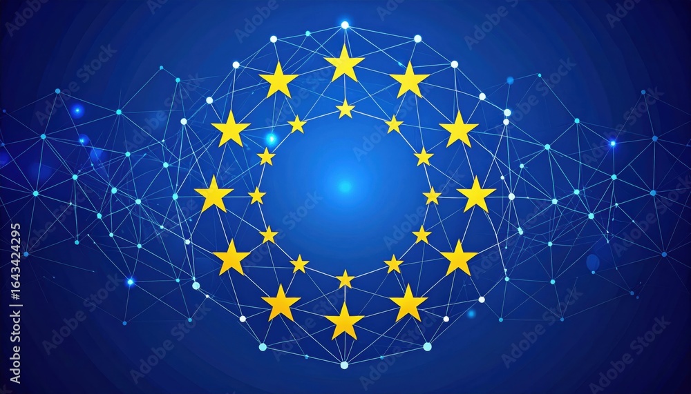 Poster a digital representation of the eu flag with interconnected nodes on a blue background.