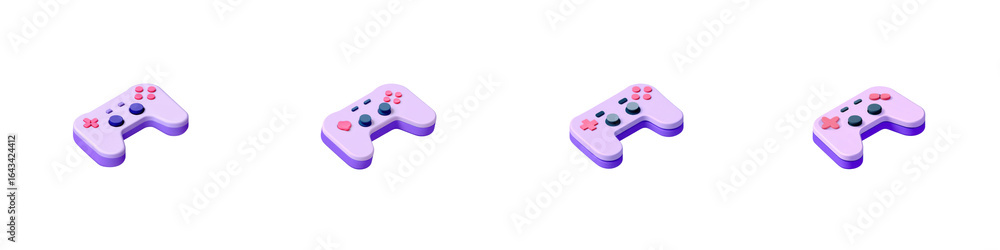 Poster four identical isometric game controllers are horizontally aligned they feature a light purple body 