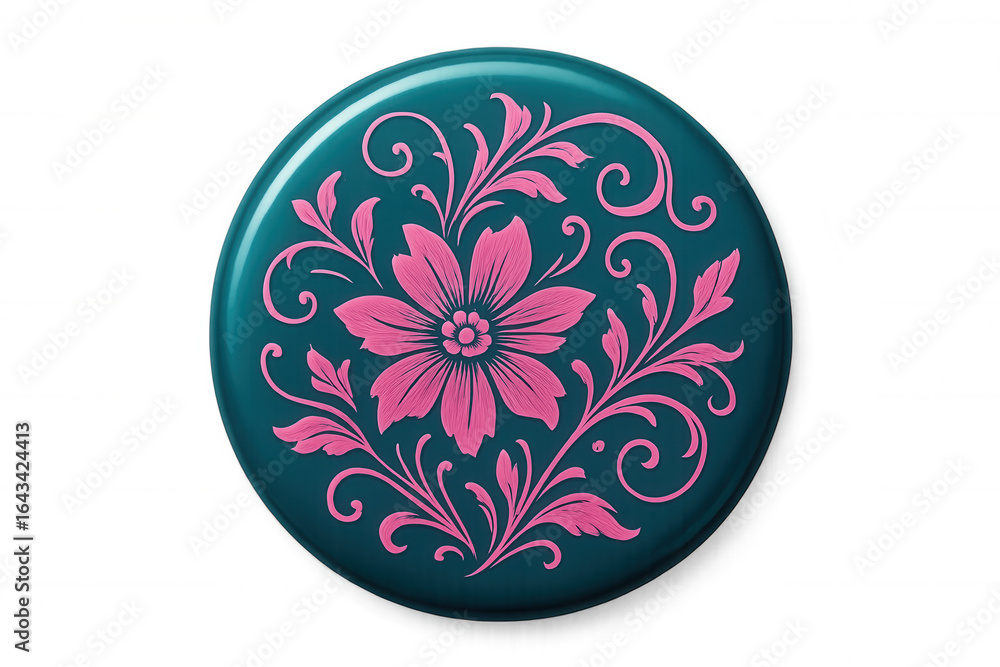 Poster teal button decorated with embossed pink floral pattern, isolated on transparent background, offerin