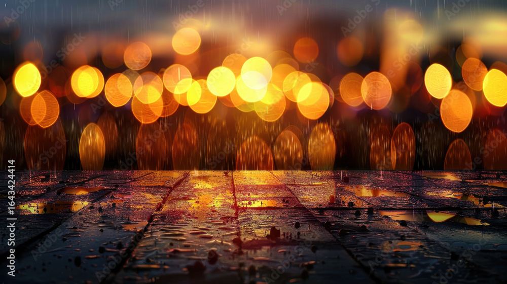 Poster beautiful scene featuring wet pavement reflecting warm, glowing bokeh lights in background, creating